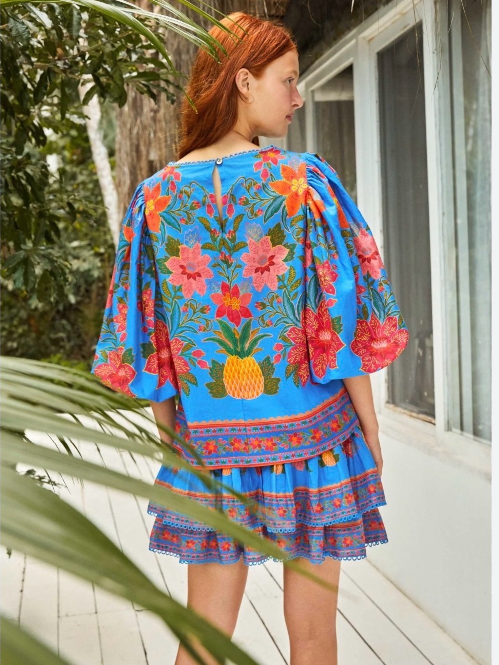farm rio blue floral Blouse Bubble Sleeve With Tassels Tropical Island Beach - Picture 2 of 12